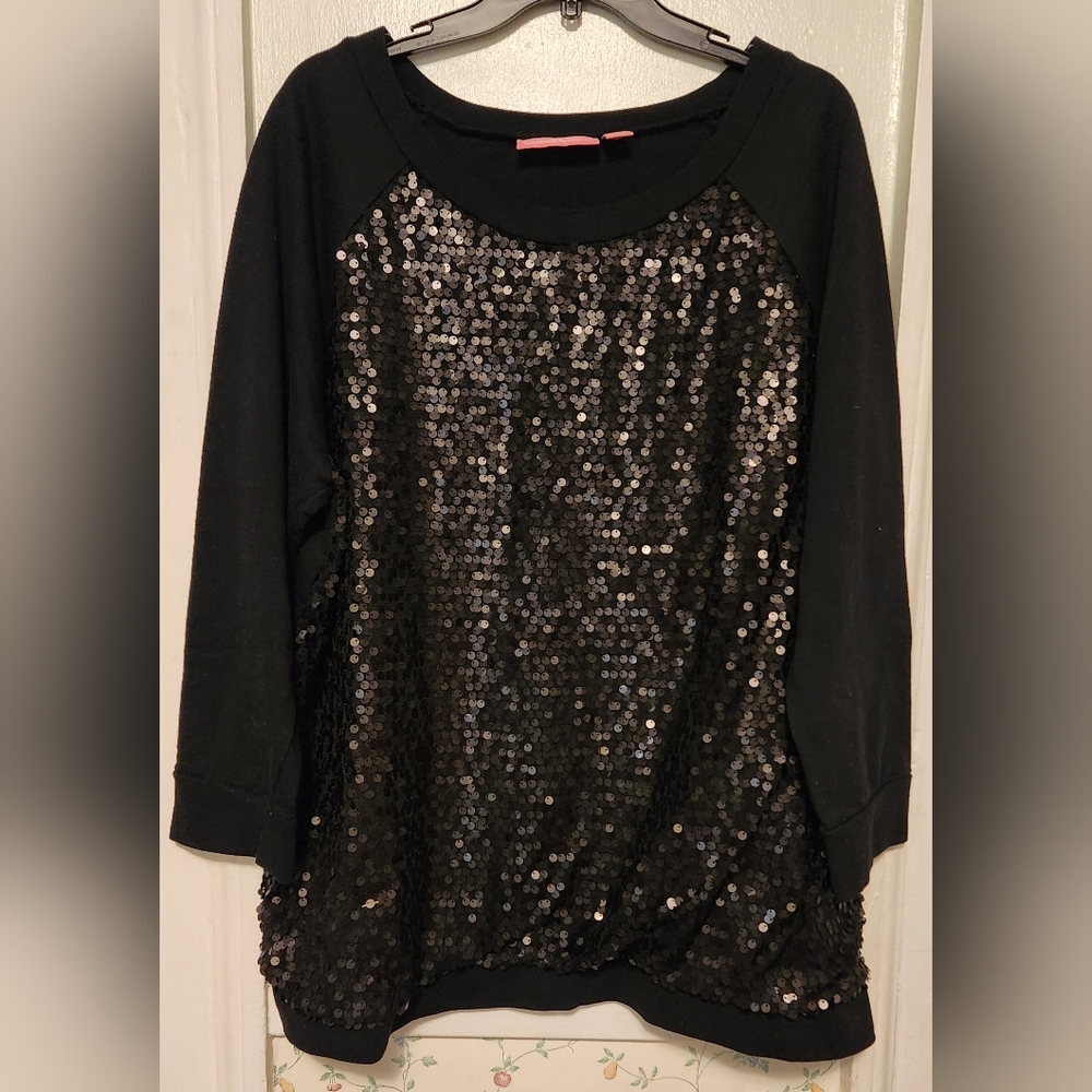 Black Sequin Long Sleeve Top Size  1X